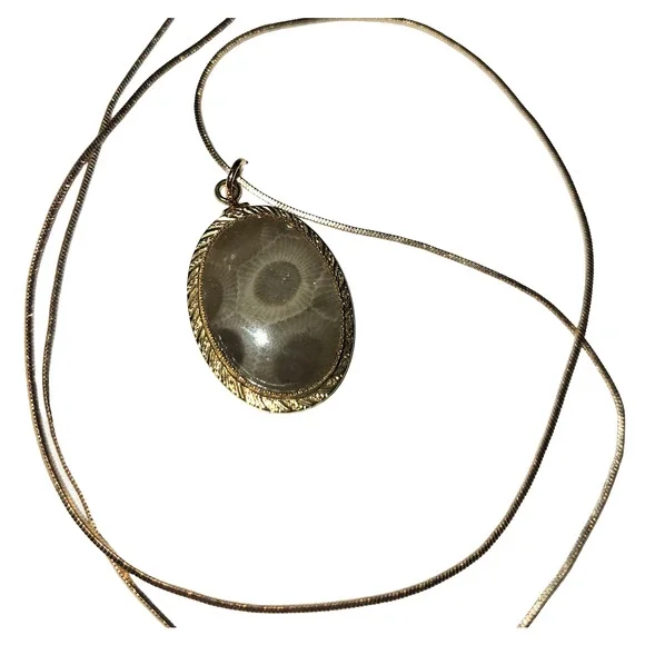 Vtg Petoskey Stone Gold Plated Pendant Necklace - Picture 2 of 4